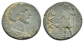 Marcus Aurelius (161-180). Cilicia, Laerte. Æ (21mm, 7.22g). Laureate, draped and cuirassed bust r. R/ Apollo of Side standing l., holding patera over...