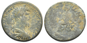 Lucius Verus (161-169). Uncertain mint. Æ (30mm, 18.46g). ΑVΤ ΚΑΙ ΛΟ ΑVΡΗΛΙ ΟVΗΡΟC CЄB, Laureate, draped and cuirassed bust r. R/ Tyche seated l.; riv...