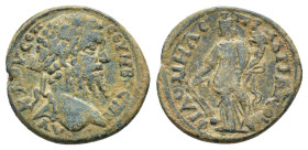 Septimius Severus (193-211). Phrygia, Philomelium. Æ (22mm, 5.57g). Hadrian, magistrate. Laureate head r. R/ Tyche standing l., holding rudder and cor...