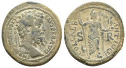 Septimius Severus (193-211). Pisidia, Antioch. Æ (33mm, 27.61g). Laureate head r. R/ Mên standing r., with foot on bucranium and leaning upon column t...