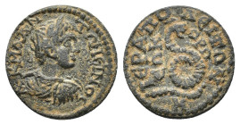 Elagabalus (218-222). Phrygia, Hierapolis. Æ (18mm, 3.09g). Laureate, draped and cuirassed bust r. R/ Serpent coiled r. RPC VI online 5465 (temporary;...