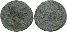 Elagabalus (218-222). Seleucis and Pieria, Antioch. Æ (15mm, 3.27g). Radiate bust r., slight drapery on far shoulder. R/ S • C within laurel wreath. C...