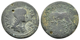 Aquilia Severa (Augusta, 220-222). Phrygia, Hierapolis. Æ (26mm, 9.33g). Diademed and draped bust r.; uncertain c/m to r. R/ She-wolf standing l., loo...