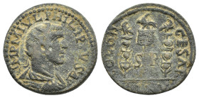 Philip I (244-249). Pisidia, Antioch. Æ (25mm, 10.27g). Radiate, draped and cuirassed bust r., seen from behind. R/ Aquila between two signa. Cf. SNG ...