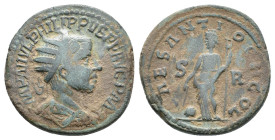 Philip I (244-249). Pisidia, Antioch. Æ (26mm, 10.84g). Radiate, draped and cuirassed bust r. R/ Providentia standing l., holding wand over globe and ...