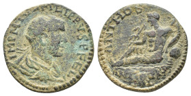 Philip I (244-249). Pisidia, Antioch. Æ (25mm, 9.14g). Radiate, draped and cuirassed bust r., seen from behind. R/ River god Anthios reclining l., hol...