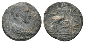 Philip II (Caesar, 244-247). Pamphylia, Magydus. Æ (19mm, 5.85g). Bare-headed, draped and cuirassed bust r. R/ Zeus seated l., holding patera and scep...