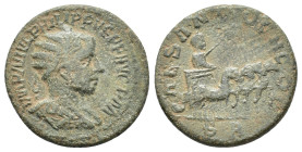 Philip II (247-249). Pisidia, Antioch. Æ (26mm, 10.80g). Radiate, draped and cuirassed bust r. R/ Philip driving quadriga r., holding reins and eagle-...