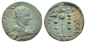 Volusian (251-253). Pisidia, Antioch. Æ (20mm, 4.73g). Radiate, draped and cuirassed bust r. R/ Aquila between two signa. SNG BnF 1308-11. VF