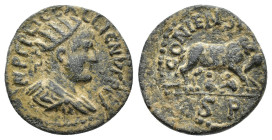 Gallienus (253-268). Lycaonia, Iconium. Æ (23mm, 7.37g). Radiate, draped and cuirassed bust r. R/ Wolf standing r., suckling the twins. SNG BnF 1300-1...