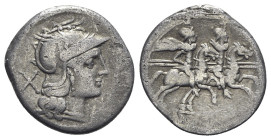 Anonymous, Rome, after 211 BC. AR Denarius (19mm, 3.44g, 3h). Head of Roma r., wearing winged helmet decorated with head of griffin. R/ Dioscuri on ho...