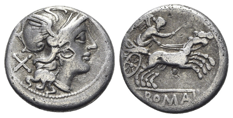 Anonymous, Rome, c. 157/6 BC. AR Denarius (17mm, 3.81g, 3h). Helmeted head of Ro...