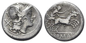 Anonymous, Rome, c. 157/6 BC. AR Denarius (17mm, 3.81g, 3h). Helmeted head of Roma r. R/ Victory driving biga r. Crawford 197/1a; RBW 846; RSC 6. Bank...