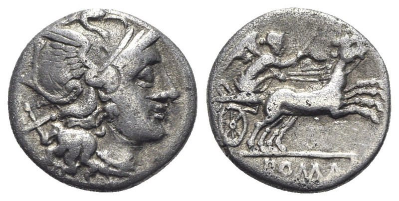 Anonymous, Rome, c. 157/6 BC. AR Denarius (16mm, 3.20g, 4h). Helmeted head of Ro...