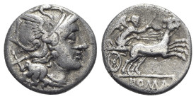 Anonymous, Rome, c. 157/6 BC. AR Denarius (16mm, 3.20g, 4h). Helmeted head of Roma r. R/ Victory driving biga r. Crawford 197/1a; RBW 846; RSC 6. Bank...