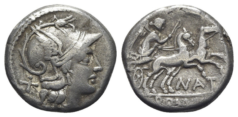 Pinarius Natta, Rome, 155 BC. AR Denarius (17.5mm, 3.76g, 12h). Head of Roma r. ...