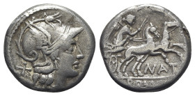 Pinarius Natta, Rome, 155 BC. AR Denarius (17.5mm, 3.76g, 12h). Head of Roma r. R/ Victory driving galloping biga r., holding whip and reins; NAT belo...