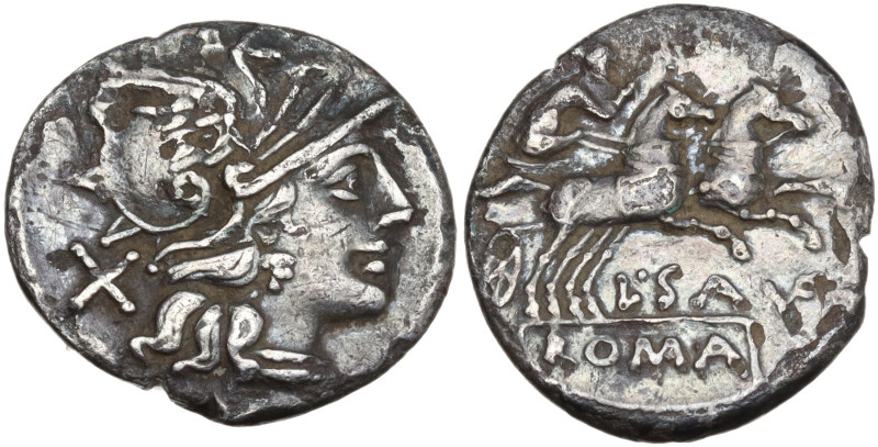 L. Saufeius, Rome, 152 BC. AR Denarius (18mm, 3.78g). Helmeted head of Roma r. R...