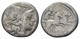 Pub. Sulla, Rome, 151 BC. AR Denarius (17.5mm, 3.33g, 6h). Helmeted head of Roma r. R/ Victory, holding whip, driving biga r. Crawford 205/1; RBW 879;...