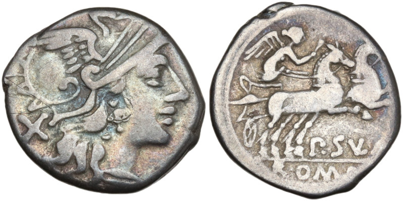 Pub. Sulla, Rome, 151 BC. AR Denarius (18mm, 3.67g). Helmeted head of Roma r. R/...