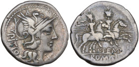 L. Sempronius Pitio, Rome, 148 BC. AR Denarius (20mm, 4.16g). Helmeted head of Roma r. R/ Dioscuri on horseback riding r. Crawford 216/1; RBW 926; RSC...