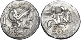 C. Terentius Lucanus, Rome, 147 BC. AR Denarius (19mm, 3.50g). Helmeted head of Roma r.; behind, Victory holding wreath. R/ Dioscuri on horseback ridi...