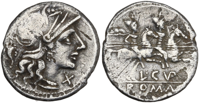 L. Cupiennius, Rome, 147 BC. AR Denarius (19mm, 3.18g). Helmeted head of Roma r....