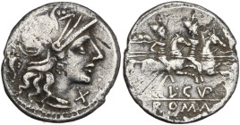 L. Cupiennius, Rome, 147 BC. AR Denarius (19mm, 3.18g). Helmeted head of Roma r.; cornucopia behind. R/ The Dioscuri, each holding spear, on horseback...