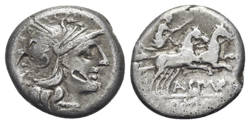 A. Spurilius, Rome, 139 BC. AR Denarius (17mm, 3.74g, 6h). Helmeted head of Roma...