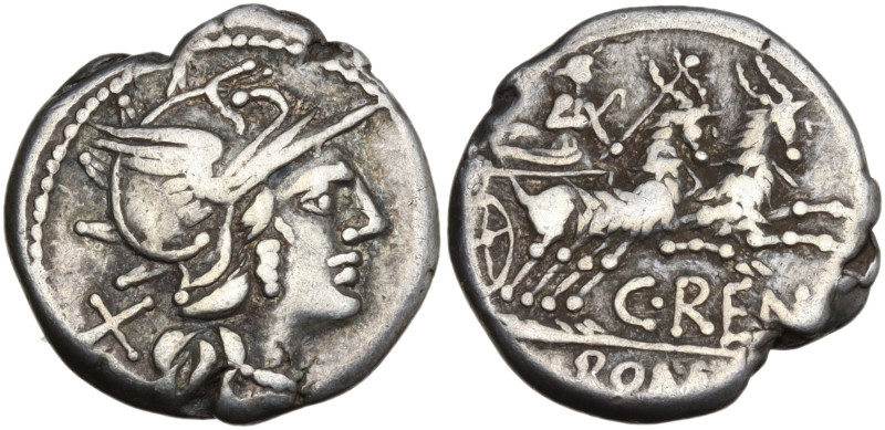 C. Renius, Rome, 138 BC. AR Denarius (17mm, 3.78g). Helmeted head of Roma r. R/ ...