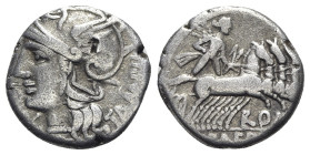 M. Baebius Q.f. Tampilus, Rome, 137 BC. AR Denarius (17mm, 3.70g, 12h). Helmeted head of Roma l. R/ Apollo driving quadriga r., holding bow and arrow....