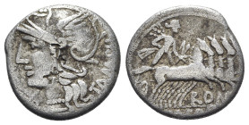 M. Baebius Q.f. Tampilus, Rome, 137 BC. AR Denarius (18mm, 3.75g, 1h). Helmeted head of Roma l. R/ Apollo driving quadriga r., holding bow and arrow. ...