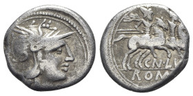 Cn. Lucretius Trio, Rome, 136 BC. AR Denarius (18mm, 3.69g, 1h). Helmeted head of Roma r. R/ Dioscuri on horseback riding r. Crawford 237/1a; RBW 978;...