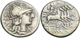 L. Antestius Gragulus, Rome, 136 BC. AR Denarius (19mm, 3.52g). Helmeted head of Roma r. R/ Jupiter driving quadriga r., holding reins and sceptre and...
