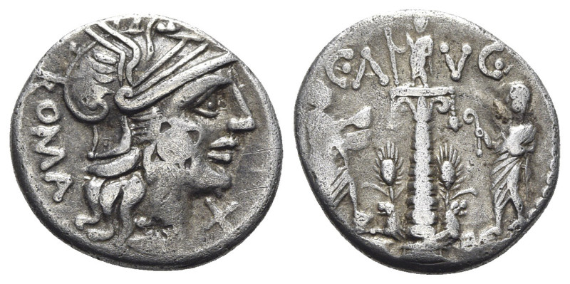 C. Augurinus, Rome, 135 BC. AR Denarius (19mm, 3.81g, 9h). Helmeted head of Roma...