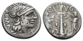C. Augurinus, Rome, 135 BC. AR Denarius (19mm, 3.81g, 9h). Helmeted head of Roma r. R/ Ionic column surmounted by statue; at base, two stalks of grain...