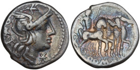 Q. Caecilius Metellus, Rome, 130 BC. AR Denarius (19mm, 3.82g). Helmeted head of Roma r. R/ Jupiter, holding palm frond, reins, and thunderbolt, drivi...