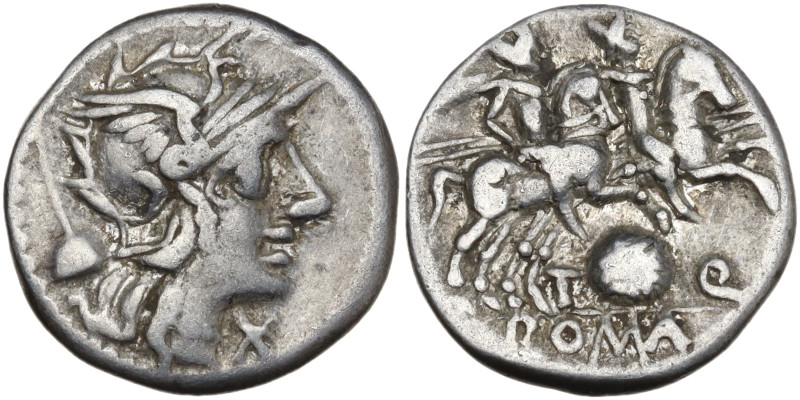 T. Quinctius Flamininus, Rome, 126 BC. AR Denarius (17mm, 3.80g). Helmeted head ...