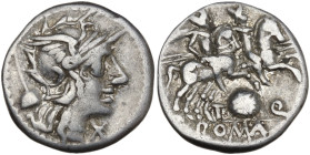 T. Quinctius Flamininus, Rome, 126 BC. AR Denarius (17mm, 3.80g). Helmeted head of Roma r.; apex to l. R/ The Dioscuri on horses riding r., each holdi...