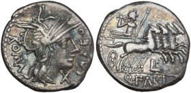 Q. Fabius Labeo, Rome, 124 BC. AR Denarius (19mm, 3.75g). Helmeted head of Roma r. R/ Jupiter driving galloping quadriga r., hurling thunderbolt, hold...