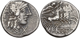 M. Fannius C.f. Rome, 123 BC, AR Denarius (17mm, 3.84g). Helmeted head of Roma r. R/ Victory driving galloping quadriga r., holding reins and wreath. ...