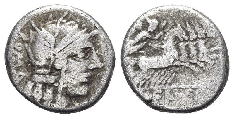 M. Fannius C.f. Rome, 123 BC, AR Denarius (17mm, 3.78g, 2h). Helmeted head of Ro...