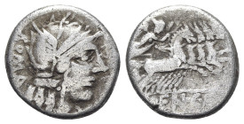 M. Fannius C.f. Rome, 123 BC, AR Denarius (17mm, 3.78g, 2h). Helmeted head of Roma r. R/ Victory driving galloping quadriga r., holding reins and wrea...