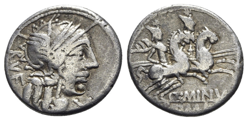 Q. Minucius Rufus, Rome, 122 BC. AR Denarius (19mm, 3.70g, 11h). Helmeted head o...