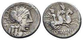 Q. Minucius Rufus, Rome, 122 BC. AR Denarius (19mm, 3.70g, 11h). Helmeted head of Roma r. R/ Dioscuri on horseback riding r. Crawford 277/1; RBW 1099;...