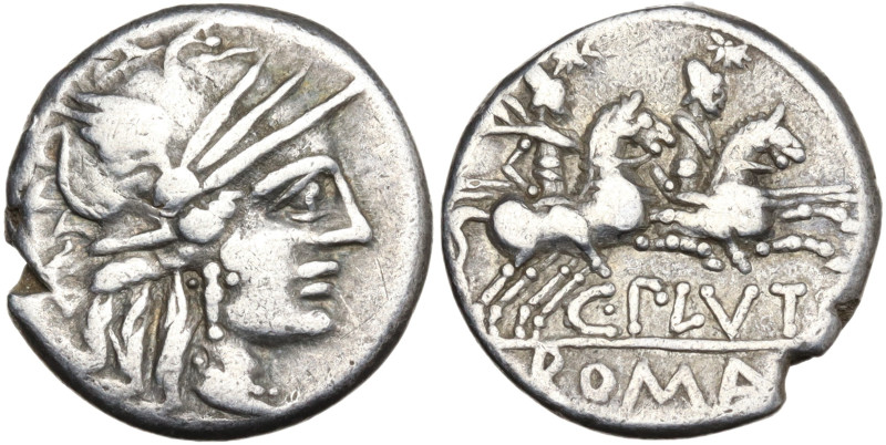 C. Plutius, Rome, 121 BC. AR Denarius (17mm, 3.78g). Helmeted head of Roma r. R/...
