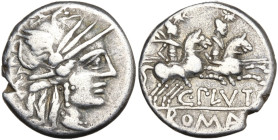 C. Plutius, Rome, 121 BC. AR Denarius (17mm, 3.78g). Helmeted head of Roma r. R/ The Dioscuri riding r. Crawford 278/1; RBW 1101; RSC Plutia 1. Good F...