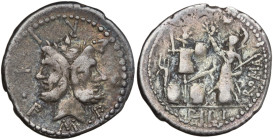 M. Furius L.f. Philus, Rome, 120 BC. AR Denarius (18mm, 3.70g). Laureate head of Janus. R/ Roma standing l., holding spear and crowning trophy of Gall...