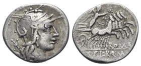 Q. Marcius, C. Fabius, and L. Roscius, Rome, 118-117 BC. AR Denarius (19mm, 3.76g, 1h). Helmeted head of Roma r. R/ Victory driving galloping quadriga...