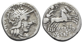 M. Calidius, Q. Metellus, and Cn. Fulvius, Rome, 117-116 BC. AR Denarius (20mm, 3.60g, 11h). Helmeted head of Roma r. R/ Victory driving biga r., hold...